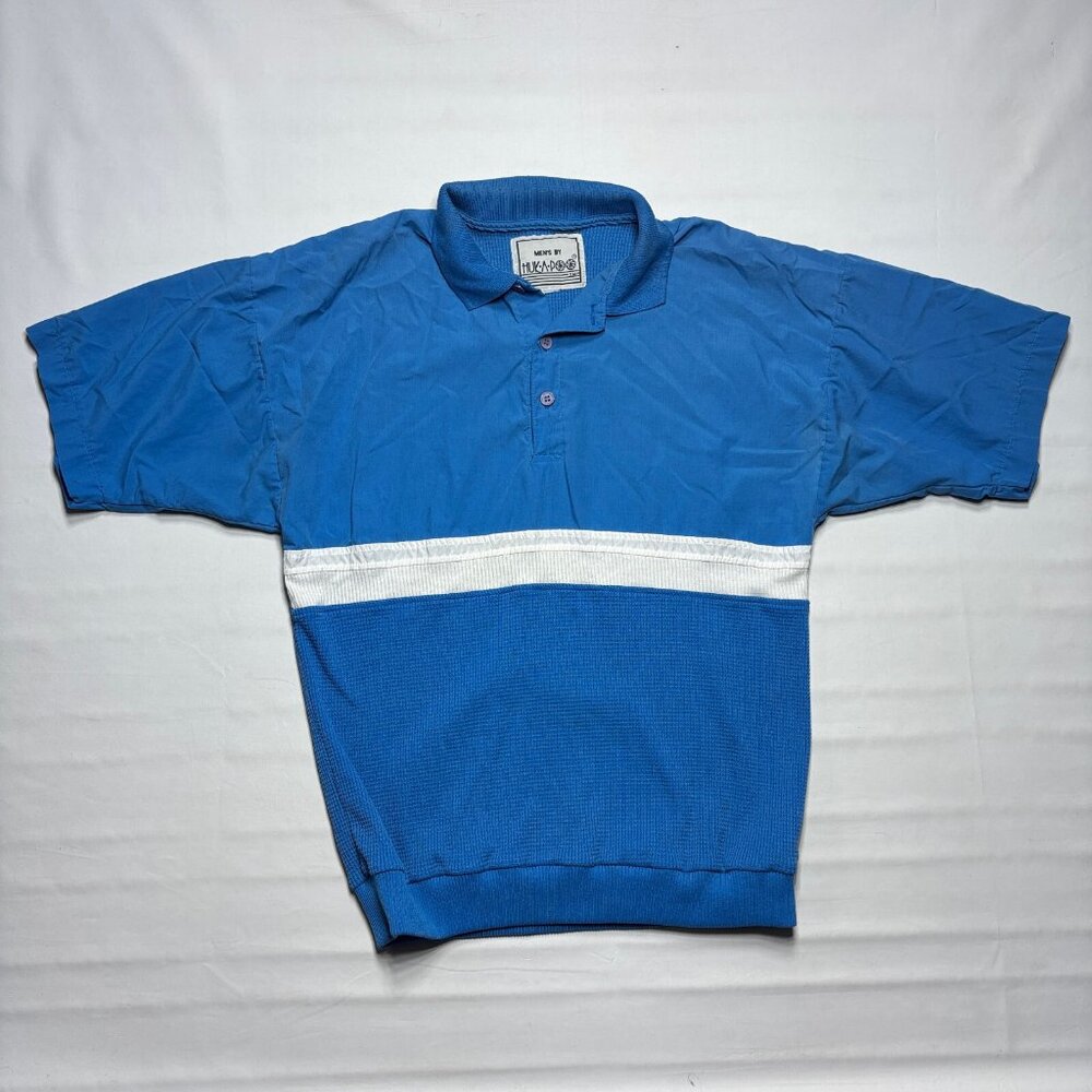 Vintage 80s HUK-A-POO Blue Banded Bottom Duo-Fabric Polo Shirt Men Medium